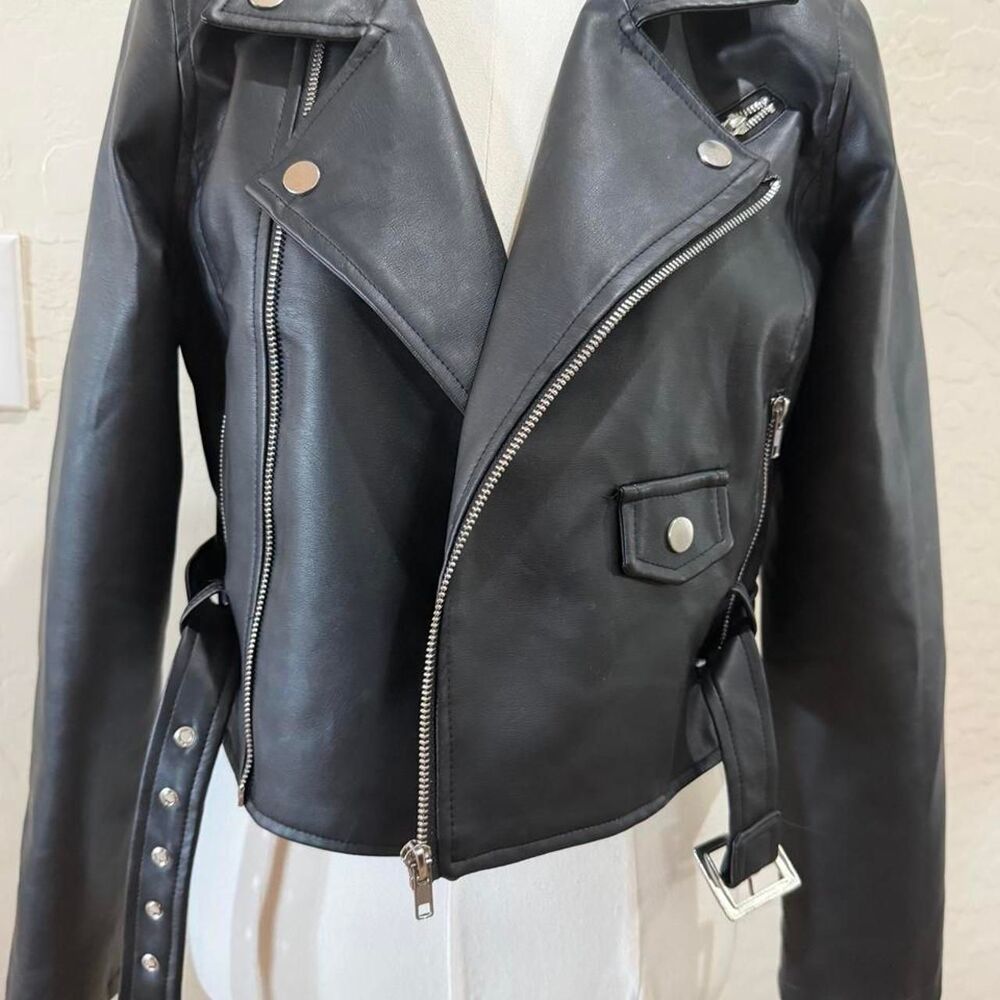 Windsor Black Faux Leather Moto Biker Jacket M Belted Y2K